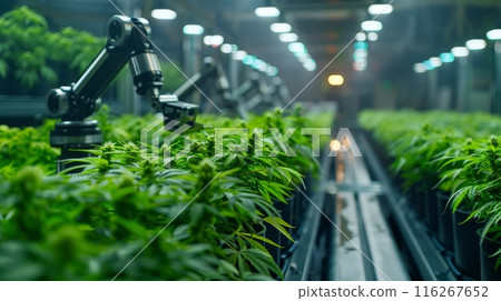 Automated Robotic Cannabis Cultivation. Advanced robotic arms tending to cannabis plants in a high-tech indoor cultivation facility, highlighting modern agricultural technology. Automated Robotic Cannabis Cultivation. Advanced robotic arms tending to cannabis plants in a high-tech indoor cultivation facility, highlighting modern agricultural technology. 116267652