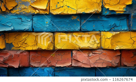 Weathered Blue and Yellow Brick Wall. A close-up of a weathered brick wall painted in blue and yellow, showing signs of aging and peeling paint. 116267674