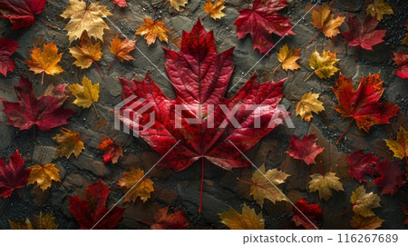 Autumn leaves arranged around a large red maple leaf. Fall season and nature concept. 116267689