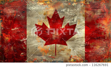 Textured painting of the Canadian flag with vibrant colors. Artistic national flag concept. 116267691