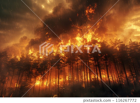 Forest at fire. Burning tree disaster. Bushfire danger. Wildfire destruction of nature. Global warming problem. Flame and smoke in mountain Forest at fire. Burning tree disaster. Bushfire danger. Wildfire destruction of nature. Global warming problem. Flame and smoke in mountain 116267772