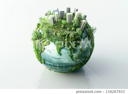 Green globe with 3D city. Planet ecosystem, concept of recycle and reuse. Global eco conservation. Nature background and building. Eco world environment Green globe with 3D city. Planet ecosystem, concept of recycle and reuse. Global eco conservation. Nature background and building. Eco world environment 116267831