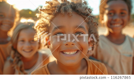 Close-up of smiling children outdoors. Group portrait in natural light. 116267865