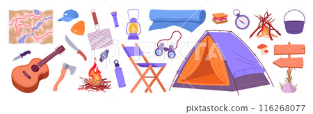 Cartoon camping equipment. Summer tourism and hiking items, tent, picnic campfire, compass and map flat vector illustration set. Outdoor camping accessories 116268077
