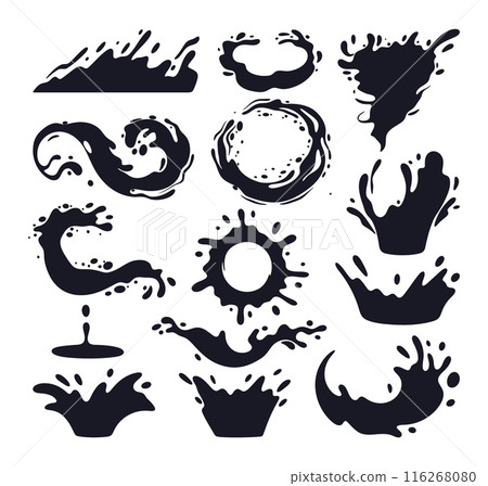 Cartoon liquid splash silhouettes. Water, juice or milk drops, flows and waves, black liquid splashes flat vector illustration set. Water splash silhouettes Cartoon liquid splash silhouettes. Water, juice or milk drops, flows and waves, black liquid splashes flat vector illustration set. Water splash silhouettes 116268080