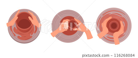 Cartoon potters hands. Ceramics studio potters hands top view, potter's wheel and ceramic modeling process flat vector illustration set. Handmade and hand crafting crockery Cartoon potters hands. Ceramics studio potters hands top view, potter's wheel and ceramic modeling process flat vector illustration set. Handmade and hand crafting crockery 116268084