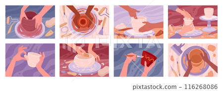 Cartoon pottery workshop. Potters hands making ceramics, clay crafting workshop process, handcrafting and hobby flat vector illustration set. Ceramic modeling process scenes Cartoon pottery workshop. Potters hands making ceramics, clay crafting workshop process, handcrafting and hobby flat vector illustration set. Ceramic modeling process scenes 116268086
