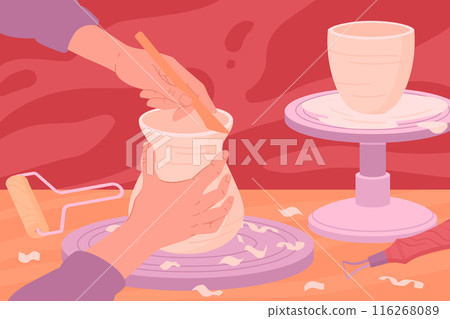 Ceramic studio potter hands. Potter modeling ceramic, person work with potter's wheel flat vector illustration. Handmade and hand crafting crockery Ceramic studio potter hands. Potter modeling ceramic, person work with potter's wheel flat vector illustration. Handmade and hand crafting crockery 116268089