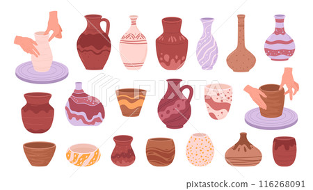Ceramic vases. Modern pottery, ceramic jugs, pots and vases, vase pottery for home decoration flat vector illustration set. Cartoon minimalistic pottery vases Ceramic vases. Modern pottery, ceramic jugs, pots and vases, vase pottery for home decoration flat vector illustration set. Cartoon minimalistic pottery vases 116268091