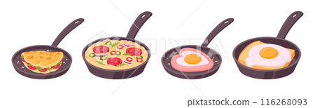 Cooked eggs in pan. Fried, scrambled and stuffed eggs, chicken eggs tasty breakfast dishes flat vector illustration set. Cartoon fried eggs Cooked eggs in pan. Fried, scrambled and stuffed eggs, chicken eggs tasty breakfast dishes flat vector illustration set. Cartoon fried eggs 116268093