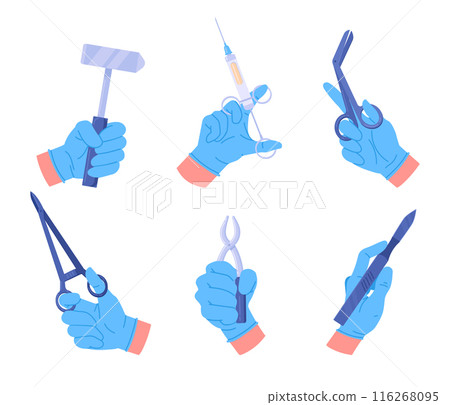Doctors hands. Medical worker hands holding professional tools, syringe, scalpel and medical clamp flat vector illustration set. Cartoon medical equipment in doctors hands Doctors hands. Medical worker hands holding professional tools, syringe, scalpel and medical clamp flat vector illustration set. Cartoon medical equipment in doctors hands 116268095