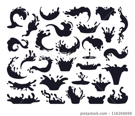 Liquid splash silhouettes. Water drops, flows and waves, black aqua splashes flat vector illustration set. Cartoon water splash silhouettes 116268099