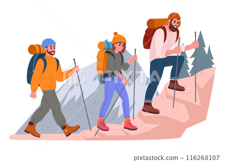 People climb mountain. Hiking active tourists, trekking and backpacking, characters outdoor adventure flat vector illustration. Tourists hiking on mountain trail 116268107