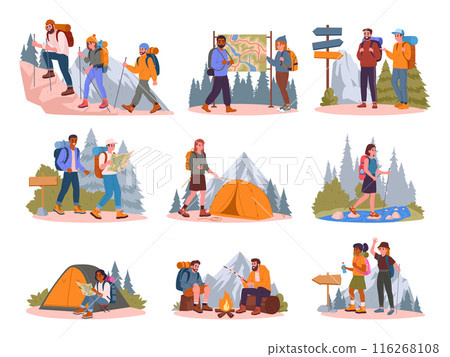 People hiking and camping. Outdoor adventure, hiking and backpacking, active characters trekking, set up tent and navigate terrain flat vector illustration set. Tourists scenes collection People hiking and camping. Outdoor adventure, hiking and backpacking, active characters trekking, set up tent and navigate terrain flat vector illustration set. Tourists scenes collection 116268108