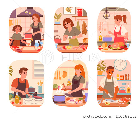 People preparing food at home. Cooking at home, man and woman cooking tasty dishes flat vector illustration set. Homemade meal preparation People preparing food at home. Cooking at home, man and woman cooking tasty dishes flat vector illustration set. Homemade meal preparation 116268112
