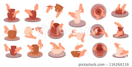 Potters hands. Hand crafting crockery, ceramics studio potters hands work with clay, potter's wheel and ceramic modeling process flat vector illustration set. Pottery workshop, handmade and hobby 116268116