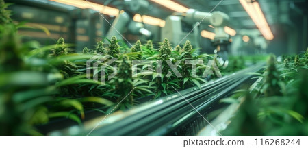 Robots working in cannabis plantation indoors. Advanced agricultural technology and automation concept for design and print. Close-up shot Banner with copy space Robots working in cannabis plantation indoors. Advanced agricultural technology and automation concept for design and print. Close-up shot Banner with copy space 116268244