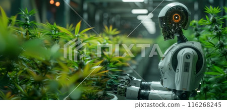 Robot tending to cannabis plants in an indoor facility. Futuristic farming and automation concept for design and print. Side view Banner with copy space 116268245