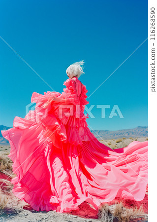 A woman in a pink dress is standing in a desert 116268590
