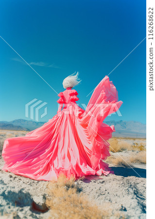 A woman in a pink dress is standing in a desert 116268622