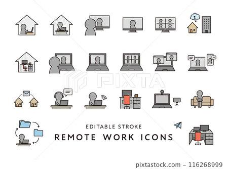 與遠距辦公/遠距工作相關的圖示集（顏色） 116268999