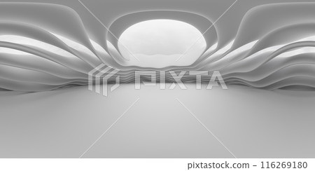 360 panorama of a modern white interior with wavy ceiling and large circular skylight vr environment map 116269180