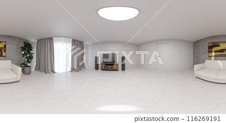 360 panorama of a modern living room with white couches and a large tv vr environment map 360 panorama of a modern living room with white couches and a large tv vr environment map 116269191