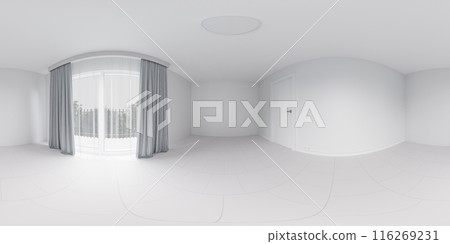 360 degree panorama of a modern apartment living room with grey curtains and a view vr environment map 116269231