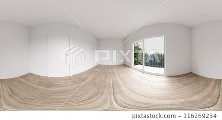 360 degree panorama of an empty room with wooden floors and a view of trees vr environment map 116269234