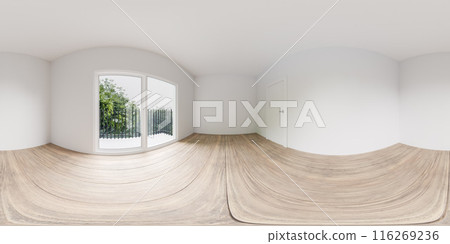 360 degree panorama of an empty room with wooden floor and balcony view vr environment map 360 degree panorama of an empty room with wooden floor and balcony view vr environment map 116269236