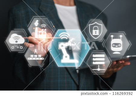 Visual representation of Industry 4.0 with icons of automation, robotics, and smart technology in modern manufacturing and industrial processes. Visual representation of Industry 4.0 with icons of automation, robotics, and smart technology in modern manufacturing and industrial processes. 116269392