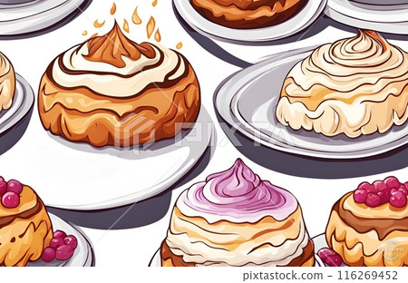 Illustrated array of Baked Alaska desserts, each flambeed to perfection, showcasing the dramatic presentation and delightful combination of hot and cold elements. AI Generated 116269452