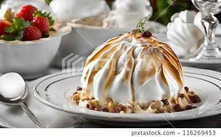 Baked Alaska flambe, a showy dessert with ice cream and meringue, flambeed for a dramatic presentation, blending cold and hot sensations in a delightful culinary experience. AI Generated 116269453