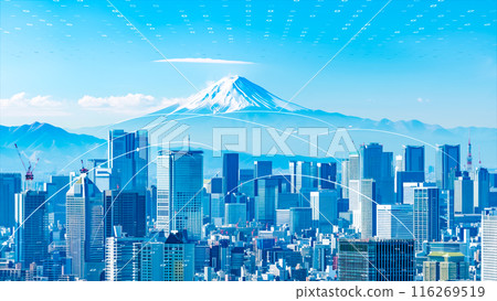 Advanced city with digital data elements with Mount Fuji in the background Advanced city with digital data elements with Mount Fuji in the background 116269519