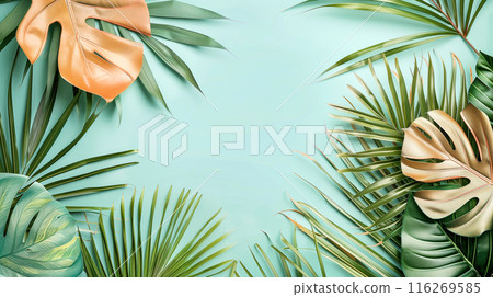薄荷畫布上的熱帶樹葉，帶有清新現代氣息的植物藝術。 116269585