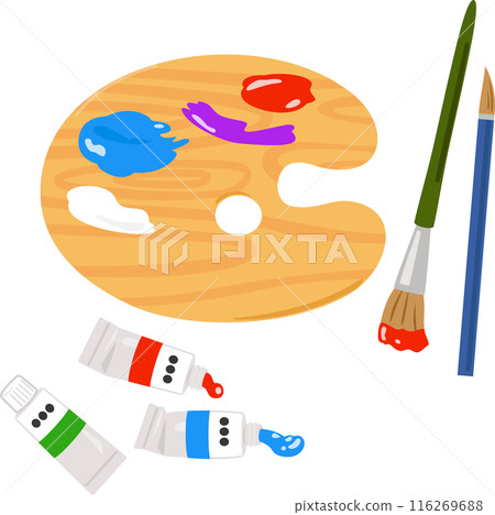 使用中的油漆管、畫筆和調色板 116269688