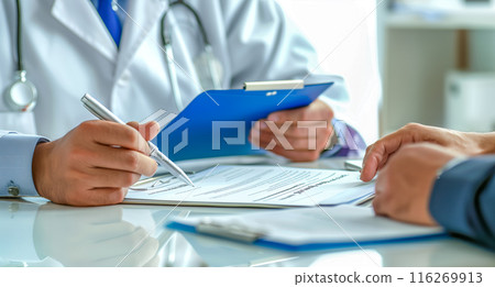 Image of medical consultation, interview between doctor and patient. 116269913