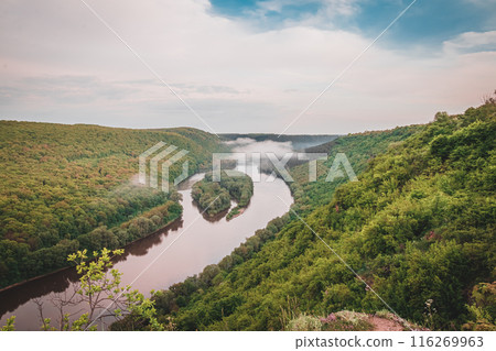 View of the Dniester Canyon from the top with beautiful clouds View of the Dniester Canyon from the top with beautiful clouds 116269963