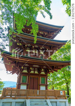 Asuka Village, Nara Prefecture - A three-story pagoda at Okadera Temple in the beautiful early summer greenery 116270276