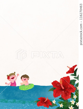 暑假孩子和芙蓉在海邊玩耍的背景插畫素材 116270463