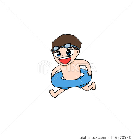 A boy running with a swim ring 116270588