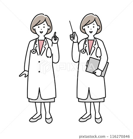 一組女醫生用手指指點解釋的全身插畫 116270846