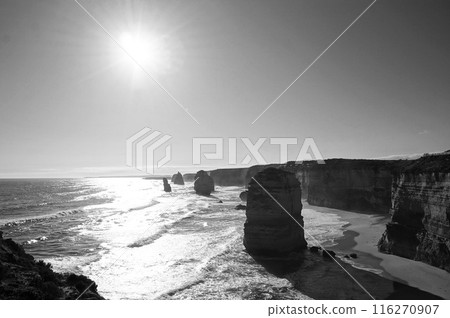 Black and white photo of the Great Ocean Road coastline Black and white photo of the Great Ocean Road coastline 116270907