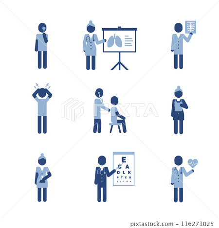 People figures icon set. Clinic pictograms health conditions symbols. Doctors, seniors and disabled. Medical or navigation pictograms. 116271025