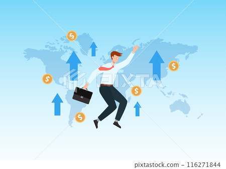 Financial or economy exponential growth concept, World market stock finance, Earn more income, Increase wealth or financial, Happy businessman jumps because of increased profit from investment. 116271844