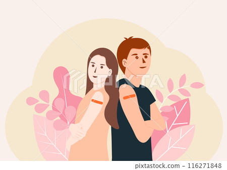 Young couple showing gesture and shows off an orange bandage after getting vaccine. Vector cartoon illustration. 116271848