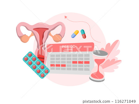 Menstrual calendar cycle tracker, Period ovulation days tracker, Pregnancy planning, Check menses, Vector illustration. 116271849