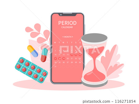 Menstrual calendar cycle tracker mobile app on smartphone screen, Period ovulation days tracker, Pregnancy planning, Check menses, Technology for women's health, Vector illustration. 116271854