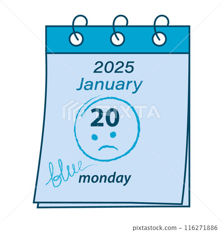 Calendar page on a spring with the date January 20, 2025 and sad emoticon. Blue Monday greeting idea 116271886