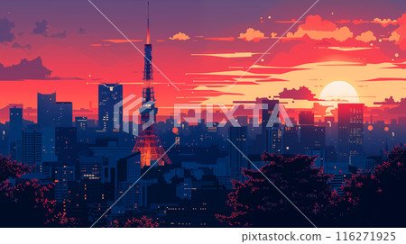 向量風格的插圖描繪了日本東京東京鐵塔的清晨場景，營造出復古的氛圍。 116271925